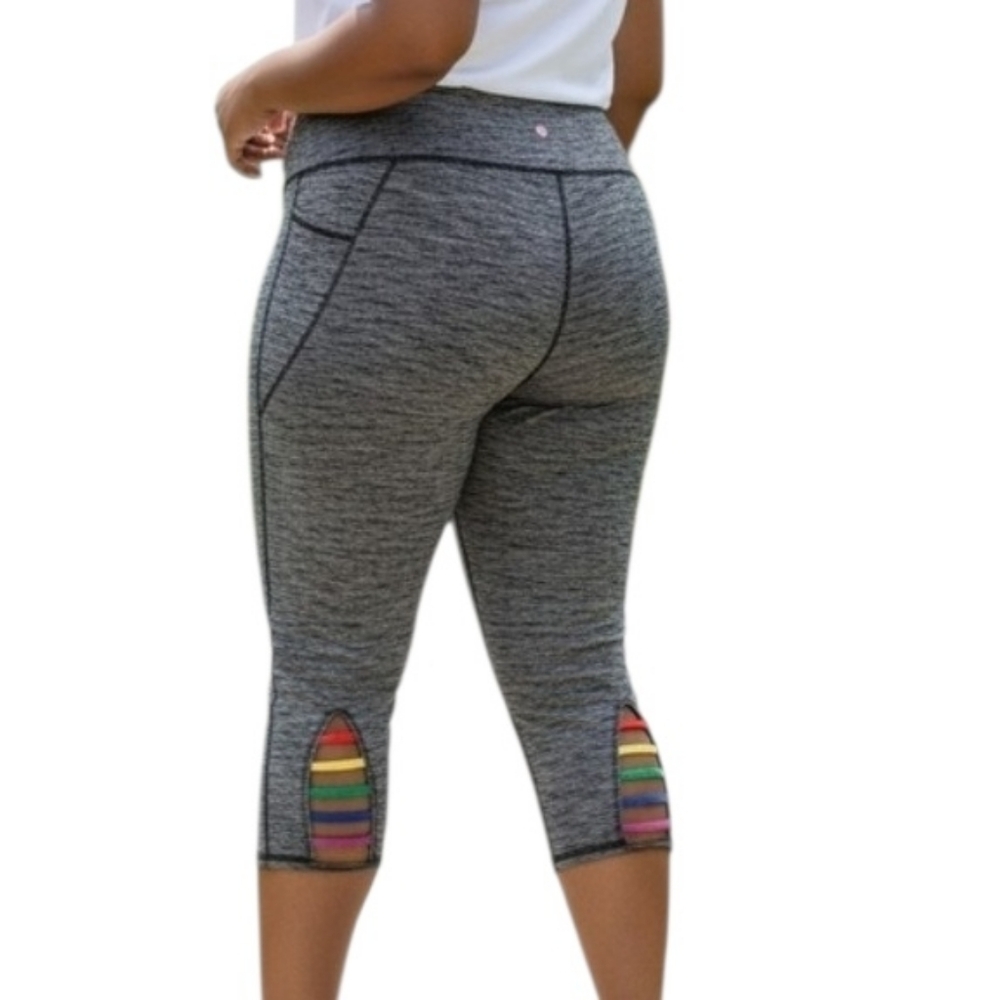 Livi Active Gray Heather Capri Leggings with Rainbow Stripe Accent